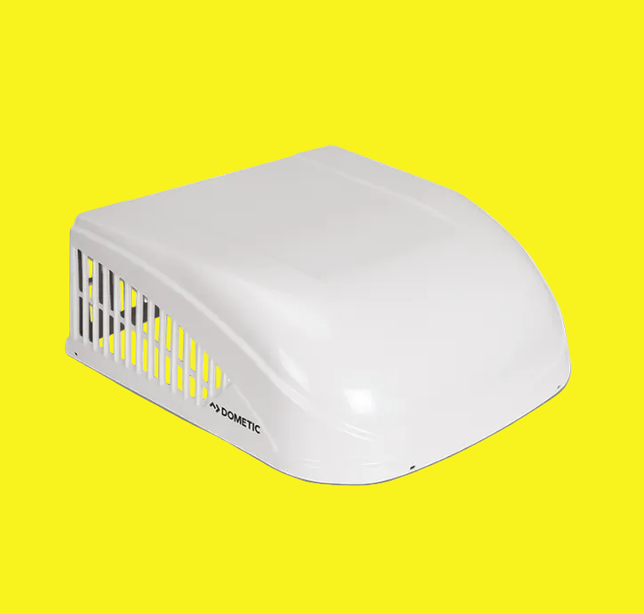 A white Dometic air conditioner cover