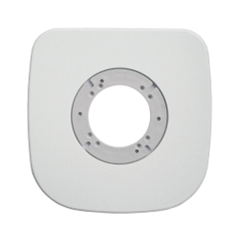 A white square toilet mounting kit with a round flange in the center.