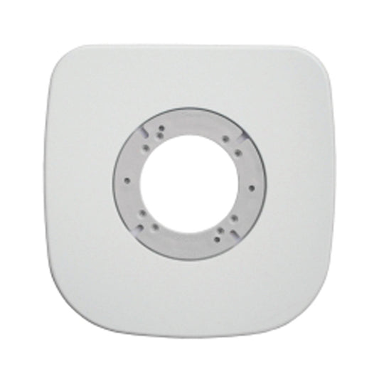 A white square toilet mounting kit with a round flange in the center.