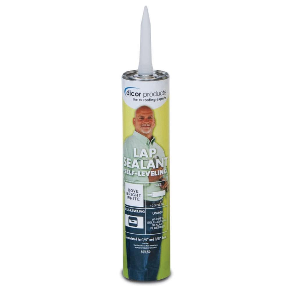 A tube of Dicor Lap Sealant, Self-Leveling, HAPS Free in white color, with branding and product information on the label.