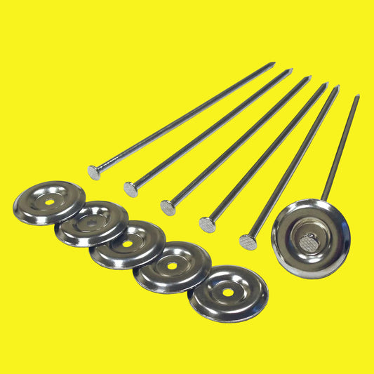 Set of metal patio mat stakes on a yellow background