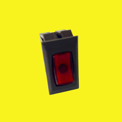 A single brown and red switch with a visible light-illuminated red side, placed on a yellow background.