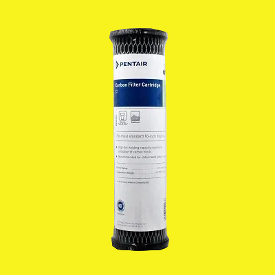Pentair carbon filter cartridge on a yellow background
