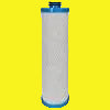 A cylindrical replacement filter cartridge with a white pleated mesh body, a blue top cap, and a blue bottom base, shown against a plain yellow background.