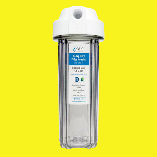 PWP Heavy Duty Filter Housing, 2.5 in x 10 in, made of clear plastic with a white top cap and a blue and white product label.