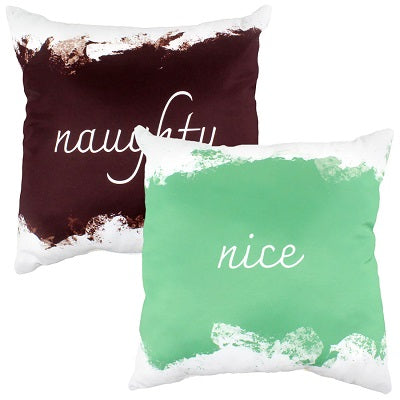 Two-sided pillow. One side maroon with white text, "naughty". The other side light green with white text, "nice"