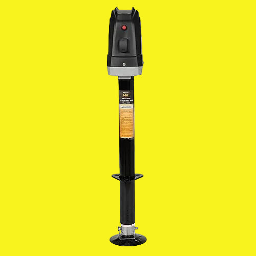 A black electric tongue jack for a camper