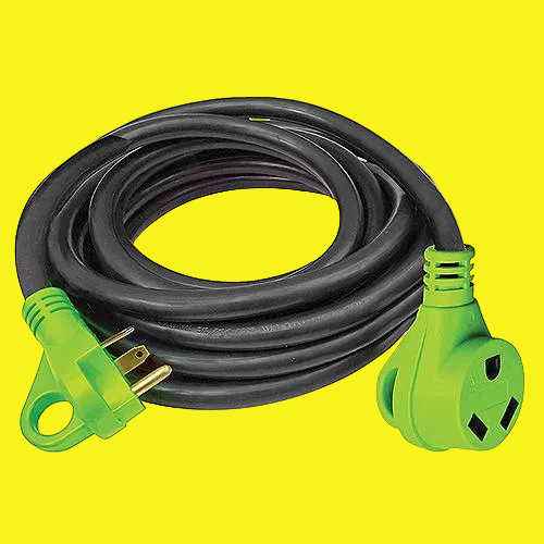 A black RV extension cord with a green 30amp female end and a green 30amp male end.