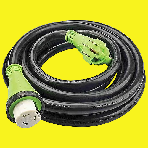 A black power cord with green male and female ends.