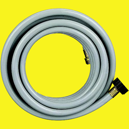 A gray water hose with female threads on one end and male on the other 
