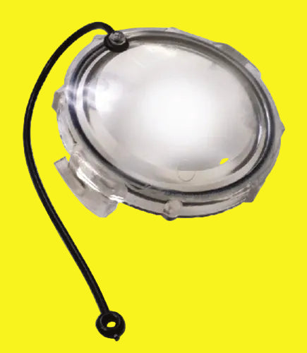 A clear, circular waste valve cap with bayonet hooks and an attached black strap.