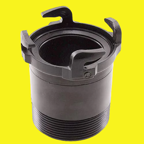 A black sewer pipe adapter with bayonets on one end and threads on the other