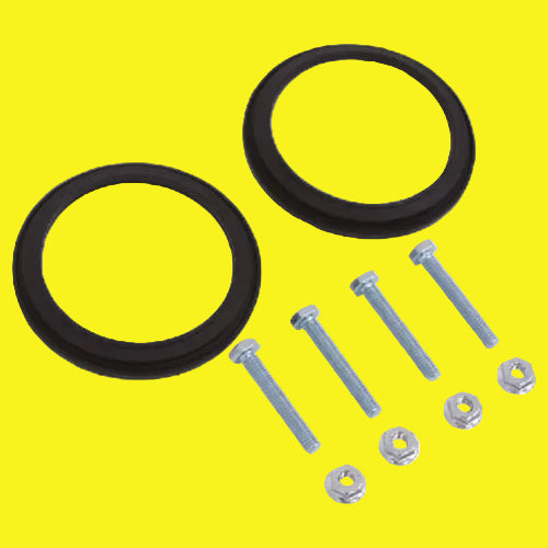 Two black rubber seals and four metal screws with nuts, likely for valve replacement.