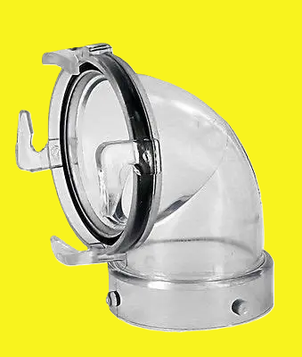 A clear 90 degree sewer hose adapter 
