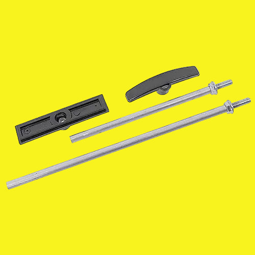 A hardware set containing two long silver metal rods with threaded ends, a black rectangular mounting plate, and a black curved bracket, displayed on a solid yellow background.