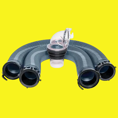 A set of gray sewer hoses and a clear adapter