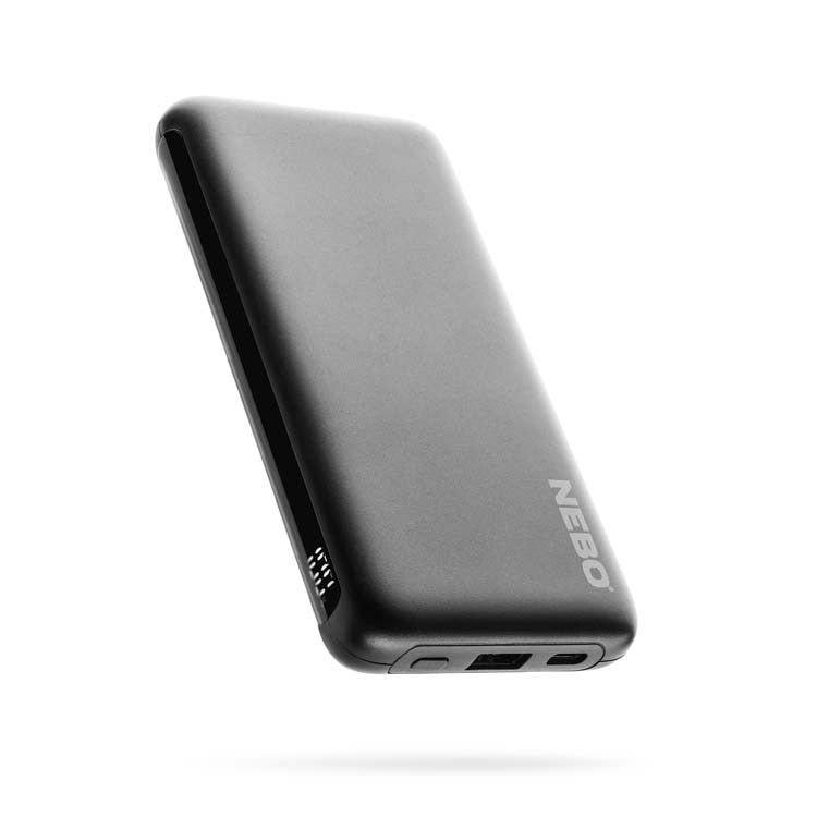 A black power bank with the NEBO brand logo, featuring USB-C and USB-A output ports.