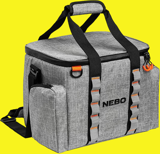 A gray heathered soft-sided cooler bag with black handles and straps, orange accent details, and the brand name 'NEBO' printed on the front, set against a solid bright yellow background.