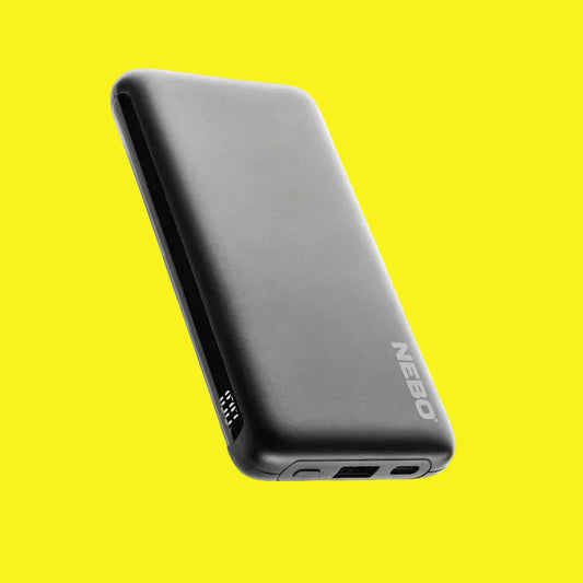 A black power bank with the NEBO brand logo, featuring USB-C and USB-A output ports.