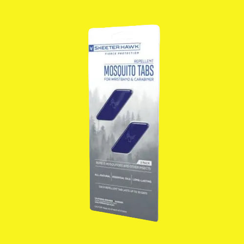 Skeeter Hawk mosquito repellent wristband and carabiner tabs in their retail packaging, featuring two dark blue rectangular tabs on a white and gray card.