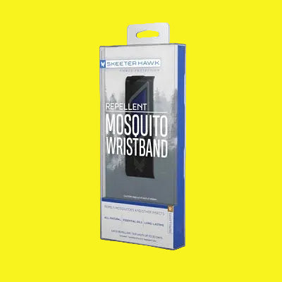 A packaged mosquito repellent wristband with the brand name Skeeter Hawk on the packaging, marketed as all-natural and with a hook and loop closure.