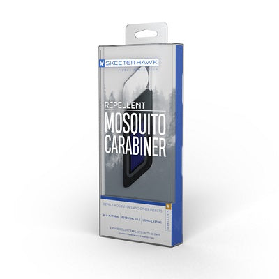 Packaging for Wearable Mosquito Carabiner with product name and description, featuring a reflective logo and lettering.