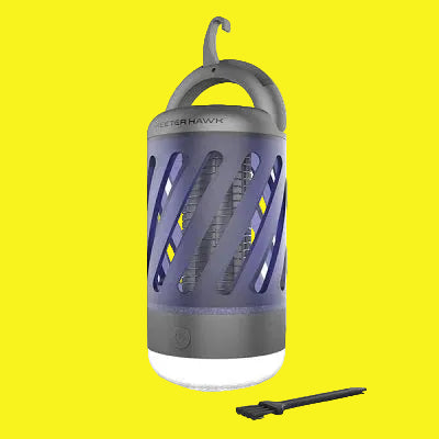 A portable personal mosquito zapper and lantern with a gray body and blue details, featuring a foldaway handle and a hanging hook.