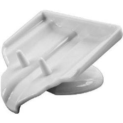 A white plastic soap saver with a slanted design and plastic prongs.