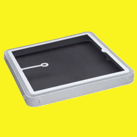 A square RV roof vent screen with a white frame on a yellow background.
