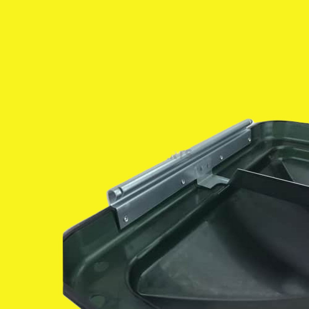 The bottom of a black roof vent lid showing the metal hinge.