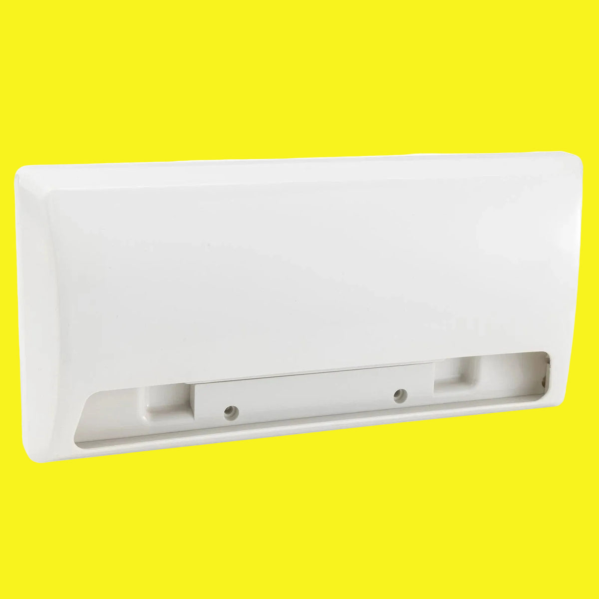 A white plastic wall-mounted outdoor  vent with a recessed mounting slot on the bottom, shown against a yellow background