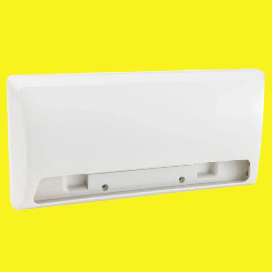 A white plastic wall-mounted outdoor  vent with a recessed mounting slot on the bottom, shown against a yellow background