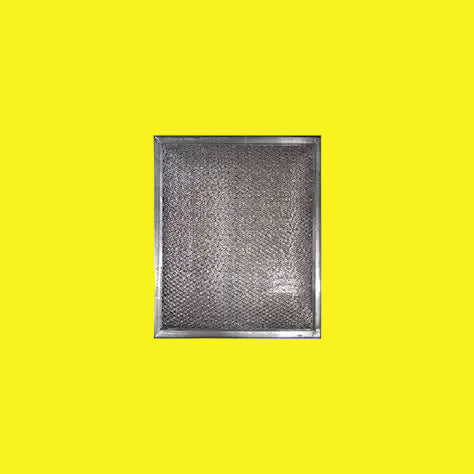 A square metallic mesh filter or screen with a silver-colored frame, shown against a plain yellow background.