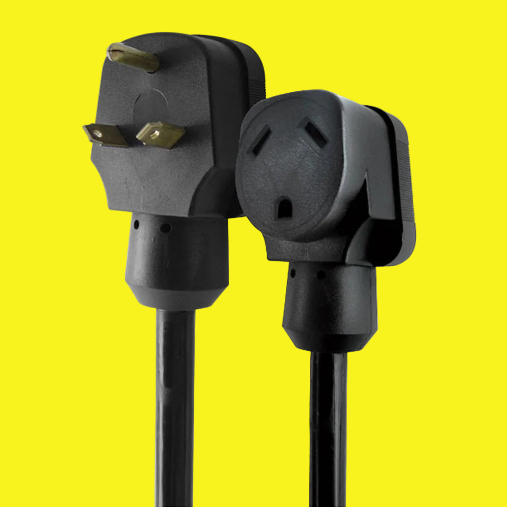 A 30amp RV extension cord with a black handle and plug
