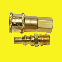 A gold-colored metal propane/natural gas quick connect and full flow plug with a 1/4" MPT Nipple x 1/4" FPT Coupler.