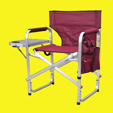 A burgundy colored director chair with a metal side table and a side compartment bag for holding items