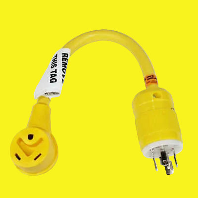 A yellow 30amp generator adapter with a pigtail type connector and a locking mechanism.