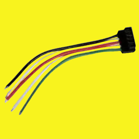 A multi-color wire harness connector with four colored wires (black, red, white, and green) attached to a black multi-pin plug, shown on a plain yellow background.