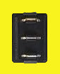 A black electrical switch with three terminals on a yellow background.