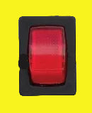 A red rectangular light switch with a black housing, shown against a plain yellow background.