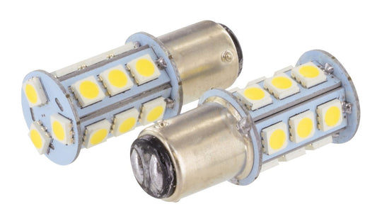 Two LED bulbs with a cool white color, 12V power, and 2.4 watts output, placed side by side.
