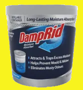 A canister of DampRid Long-Lasting Moisture Absorber, featuring a white and blue label with the red DampRid logo, set against a plain yellow background.