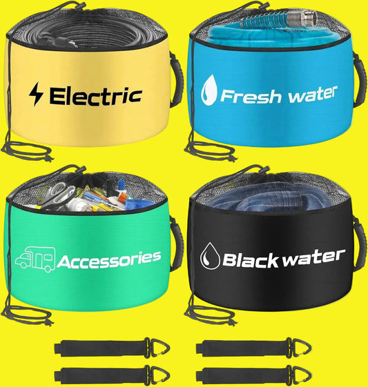 Four cylindrical bags labeled 'Electric', 'Fresh water', 'Accessories', and 'Blackwater' with straps on a yellow background.