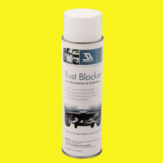 Spray can of rust blocker. White with blue text