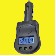 A black digital LCD battery monitor showing voltage and featuring three colored buttons on the front.