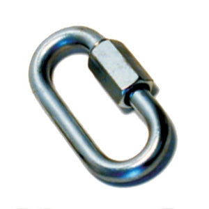 A single metal trailer safety chain quick link with a galvanized steel finish.