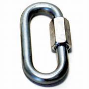 A silver-colored metal trailer safety chain quick link with a closed locking mechanism.