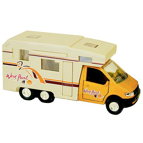 Toy camper van with 'West Point' branding on a white background