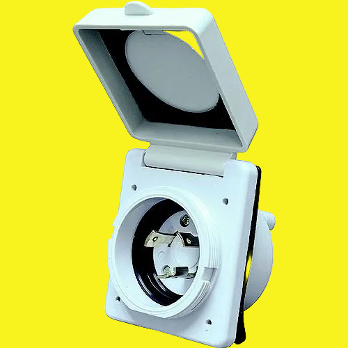 A 30amp white power cord inlet for an RV.