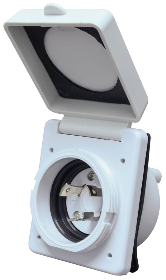 White power inlet with cover open on a white background